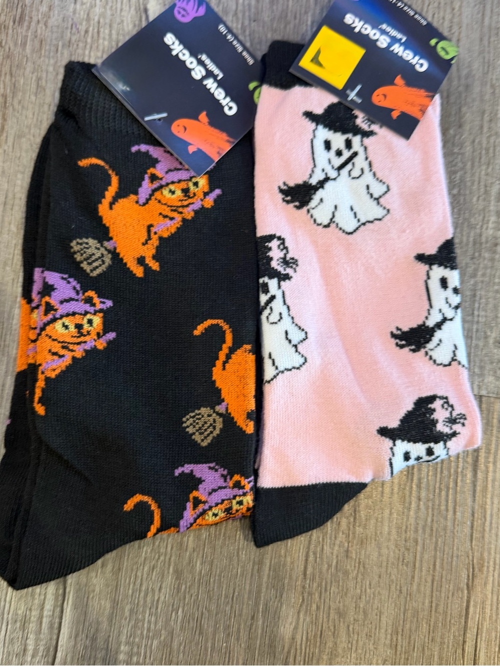 Halloween Cat & Ghost Crew Socks - Pink & Black
